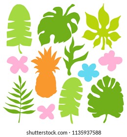 Palm leaves, flowers, pineapple silhouettes. Hand drawn isolated on white background flat set