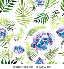 Palm leaves and flowers. Seamless pattern. hand drawing. Not AI, Vector illustration.