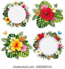 Palm Leaves And Flowers Set Frame Isolated White background