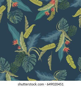 Palm leaves and flowers. Tropical print. Vector seamless pattern. Fashion design.