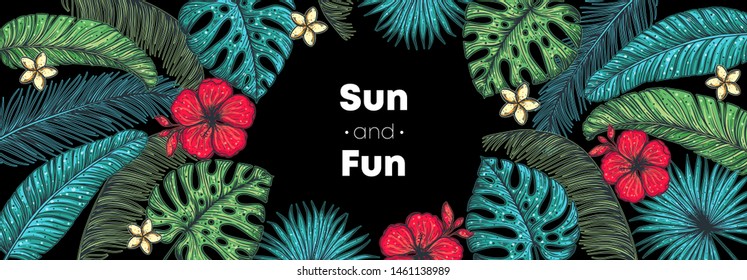 Palm leaves and flowers vector illustration. Tropical design template. Hello summer frame. Tropical summer design. 