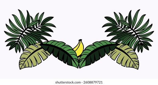Palm leaves form a frame around a black silhouette of banana tree foliage. This exotic plant border showcases rainforest greenery with tropical branches, offering a decorative