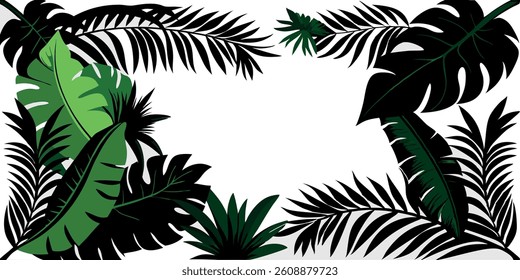 Palm leaves form a frame around a black silhouette of banana tree foliage. This exotic plant border showcases rainforest greenery with tropical branches, offering a decorative