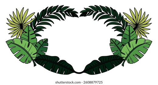 Palm leaves form a frame around a black silhouette of banana tree foliage. This exotic plant border showcases rainforest greenery with tropical branches, offering a decorative