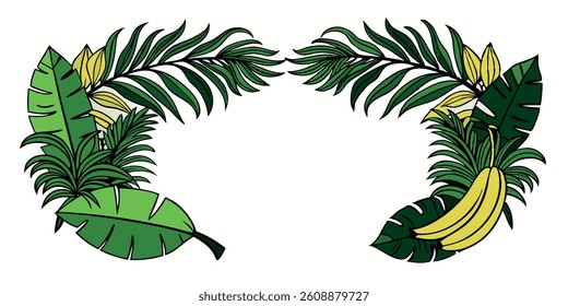 Palm leaves form a frame around a black silhouette of banana tree foliage. This exotic plant border showcases rainforest greenery with tropical branches, offering a decorative