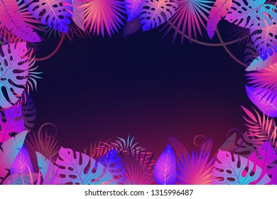 Palm leaves frame. Exotic night jungle tropical floral leaf plants flower nature botanica textile banner art fashion vector