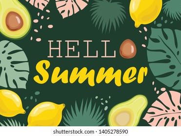 Palm leaves, fruits and text "Hello Summer" on a dark green background. Summer, tropical themes. Banner, poster, card, template, promotional material. Vector illustration.