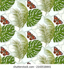 Palmblätter und geometrische Formen.Vektor nahtloses Muster mit Palmblättern und Schmetterlingen auf einem Hintergrund geometrischer Formen.