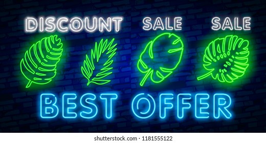 Palm leaves. Glowing sign of coconut palm exotic leaves. Neon tropical palms. Sale Isolated on black background. Retro vintage neon sign. Design element for your ad, signs, posters, banners.