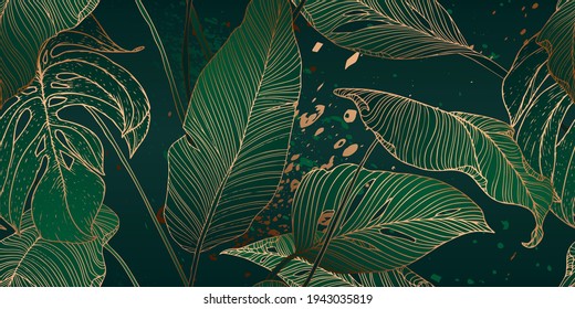 Palm leaves, gold, black, white marble template, artistic covers design, colorful texture, modern backgrounds. Minim pattern, graphic brochure. Luxury illustration