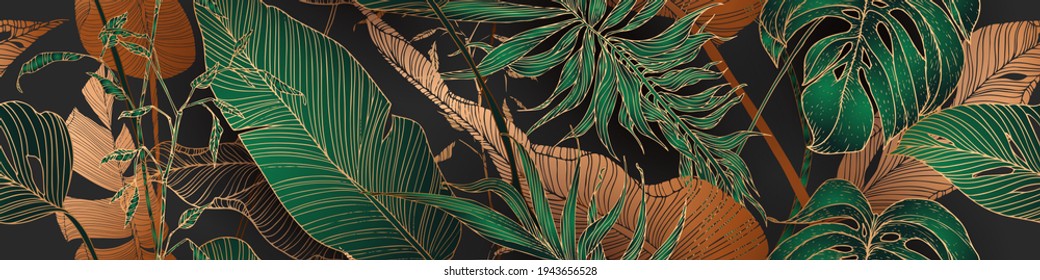 Palm leaves, gold, black, white marble template, artistic covers design, colorful texture, modern backgrounds. Minim pattern, graphic brochure. Luxury illustration