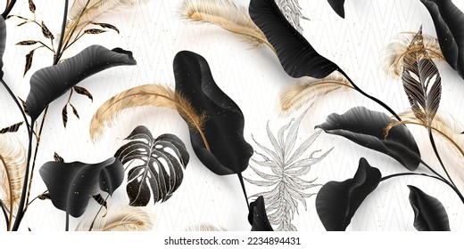 Palm leaves, gold, black, white marble template, artistic covers design, colorful texture, modern backgrounds. Minim pattern, graphic brochure. Luxury illustration