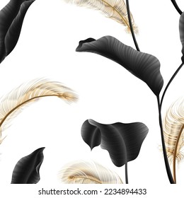 Palm leaves, gold, black, white marble template, artistic covers design, colorful texture, modern backgrounds. Minim pattern, graphic brochure. Luxury illustration