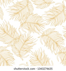 Palm leaves gold line hand drawn seamless pattern