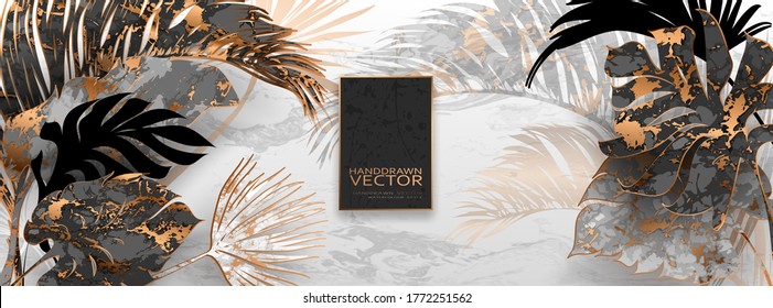 Hojas de palma, oro, plantilla de mármol, diseño de cubiertas artísticas, textura colorida, fondo moderno.Patrón de moda, folleto gráfico. Ilustración de Luxury Vector