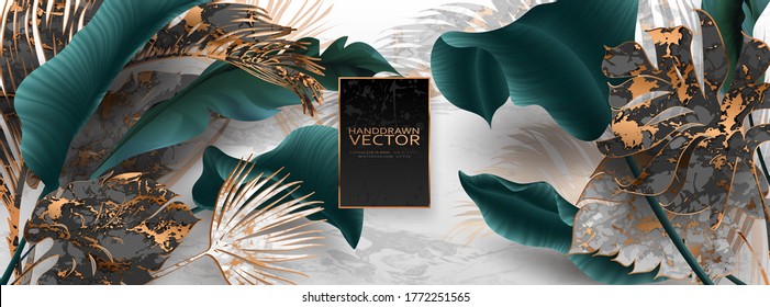 Palm leaves, gold, marble template, artistic covers design, colorful texture, modern backgrounds.Trendy pattern, graphic brochure. Luxury Vector illustration