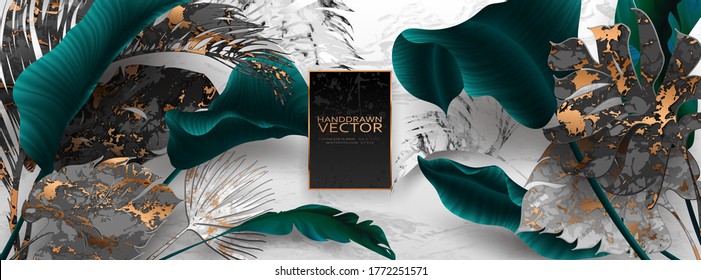 Palm leaves, gold, marble template, artistic covers design, colorful texture, modern backgrounds.Trendy pattern, graphic brochure. Luxury Vector illustration
