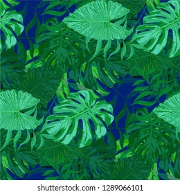 Palm Leaves. Green Seamless Pattern with Leaves of tropical Trees. Vintage Texture for, Cloth, Paper, Dress. Bright Leaves of Palm Tree.