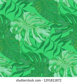 Palm Leaves. Green Seamless Pattern with Leaves of jungle Trees. Trendy Texture for, Tablecloth, Cloth, Curtain. Bright Leaves of Palm Tree.