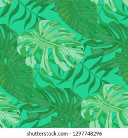 Palm Leaves. Green Seamless Pattern with Leaves of tropical Trees. Vintage Texture for, Curtain, Swimwear, Shirt. Bright Leaves of Palm Tree.