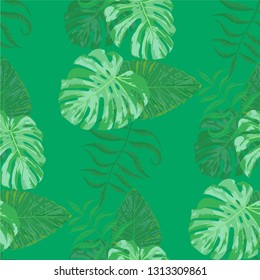 Palm Leaves. Green Seamless Pattern with Leaves of jungle Trees. Trendy Texture for, Curtain, Paper, Dress. Bright Leaves of Palm Tree.