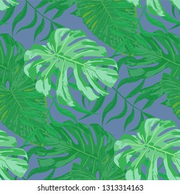 Palm Leaves. Green Seamless Pattern with Leaves of jungle Trees. Trendy Texture for, Shirt, Swimwear, Tablecloth. Bright Leaves of Palm Tree.