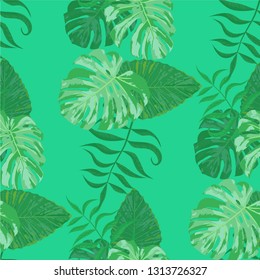 Palm Leaves. Green Seamless Pattern with Leaves of jungle Trees. Modern Texture for, Paper, Swimwear, Cloth. Bright Leaves of Palm Tree.