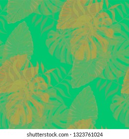 Palm Leaves. Green Seamless Pattern with Leaves of jungle Trees. Vintage Texture for, Dress, Fabric, Shirt. Bright Leaves of Palm Tree.