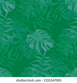 Palm Leaves. Green Seamless Pattern with Leaves of tropical Trees. Modern Texture for, Curtain, Cloth, Swimwear. Bright Leaves of Palm Tree.