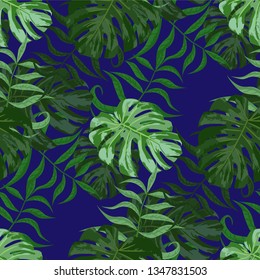 Palm Leaves. Green Seamless Pattern with Leaves of jungle Trees. Trendy Texture for, Tablecloth, Underwear, Paper. Bright Leaves of Palm Tree.