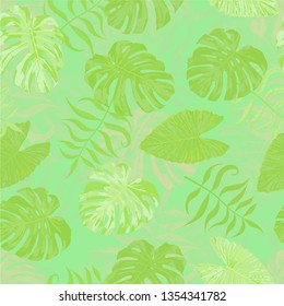 Palm Leaves. Green Seamless Pattern with Leaves of tropical Trees. Retro Texture for, Shirt, Paper, Underwear. Bright Leaves of Palm Tree.