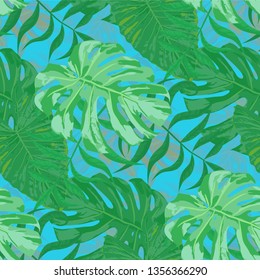 Palm Leaves. Green Seamless Pattern with Leaves of tropical Trees. Vintage Texture for, Paper, Underwear, Swimwear. Bright Leaves of Palm Tree.