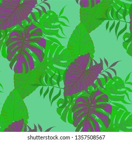 Palm Leaves. Green Seamless Pattern with Leaves of exotic Trees. Vintage Texture for, Fabric, Shirt, Swimwear. Bright Leaves of Palm Tree.