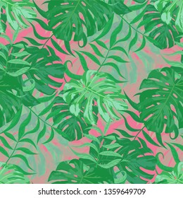 Palm Leaves. Green Seamless Pattern with Leaves of exotic Trees. Trendy Texture for, Paper, Dress, Swimwear. Bright Leaves of Palm Tree.