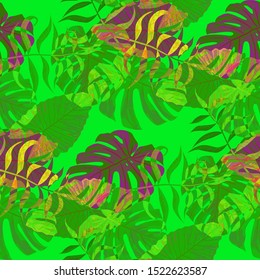 Palm Leaves. Green Seamless Pattern with Leaves of tropical Trees. Vintage Texture for, Cloth, Paper, Wallpaper. Bright Leaves of Palm Tree.