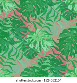 Palm Leaves. Green Seamless Pattern with Leaves of tropical Trees. Retro Texture for, Underwear, Curtain, Fabric. Bright Leaves of Palm Tree.