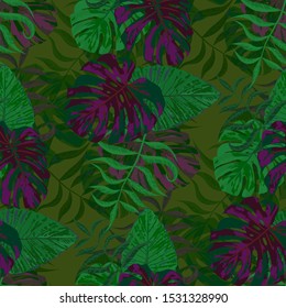 Palm Leaves. Green Seamless Pattern with Leaves of tropical Trees. Vintage Texture for, Swimwear, Cloth, Shirt. Bright Leaves of Palm Tree.