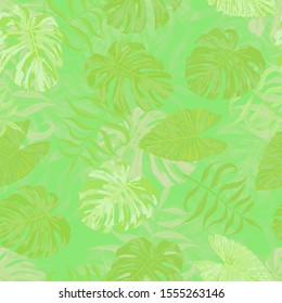 Palm Leaves. Green Seamless Pattern with Leaves of jungle Trees. Retro Texture for, Curtain, Underwear, Dress. Bright Leaves of Palm Tree.