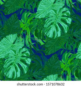 Palm Leaves. Green Seamless Pattern with Leaves of tropical Trees. Vintage Texture for, Paper, Underwear, Swimwear. Bright Leaves of Palm Tree.