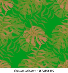 Palm Leaves. Green Seamless Pattern with Leaves of tropical Trees. Retro Texture for, Dress, Swimwear, Underwear. Bright Leaves of Palm Tree.
