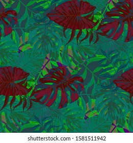 Palm Leaves. Green Seamless Pattern with Leaves of jungle Trees. Retro Texture for, Underwear, Fabric, Curtain. Bright Leaves of Palm Tree.
