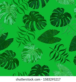 Palm Leaves. Green Seamless Pattern with Leaves of jungle Trees. Vintage Texture for, Curtain, Tablecloth, Shirt. Bright Leaves of Palm Tree.