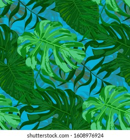 Palm Leaves. Green Seamless Pattern with Leaves of tropical Trees. Retro Texture for, Paper, Tablecloth, Dress. Bright Leaves of Palm Tree.