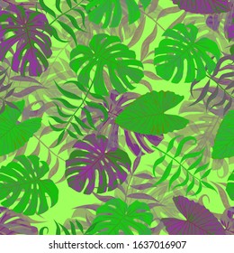 Palm Leaves. Green Seamless Pattern with Leaves of tropical Trees. Modern Texture for, Tablecloth, Fabric, Shirt. Bright Leaves of Palm Tree.