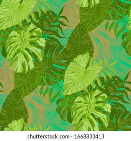 Hojas de palma. Patrón verde sin mar con hojas de árboles tropicales. Textura vintage para, papel tapiz, cortina, vestido. Flagrantes hojas de palmera.
