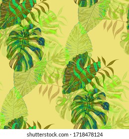 Palm Leaves. Green Seamless Pattern with Leaves of exotic Trees. Vintage Texture for, Paper, Fabric, Swimwear. Bright Leaves of Palm Tree.