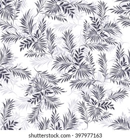 Palm leaves. Grey silhouette on white background. Seamless pattern, vector illustration