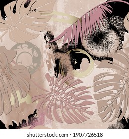 Las hojas de la palma grungan un patrón sin costuras. Fondo sucio de color ornamental. Fondo de decoración floral áspera. Plantas tropicales. Ornamentos con textura leafy. Ilustración vectorial exótica. Fondo de escritorio.