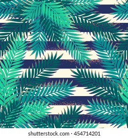 Palm leaves with grunge striped vest seamless pattern. Tropical background. Retro vector illustration