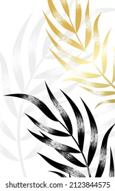 Palm leaves in the grunge style. Golden and black palm branches with texture.Summer background template isolated on white background. Vertical tropical banner. Vector illustration